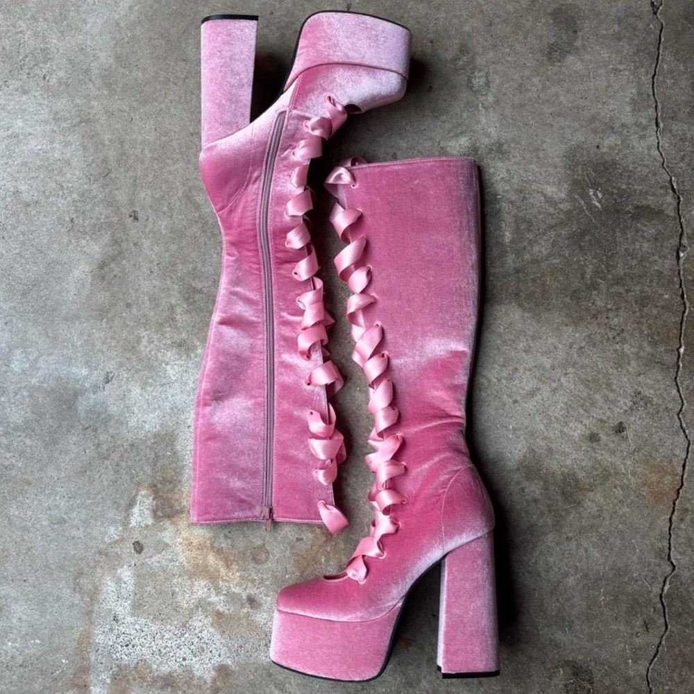 Sugar Thrillz Pink Velvet Platform Lace Up Boots
